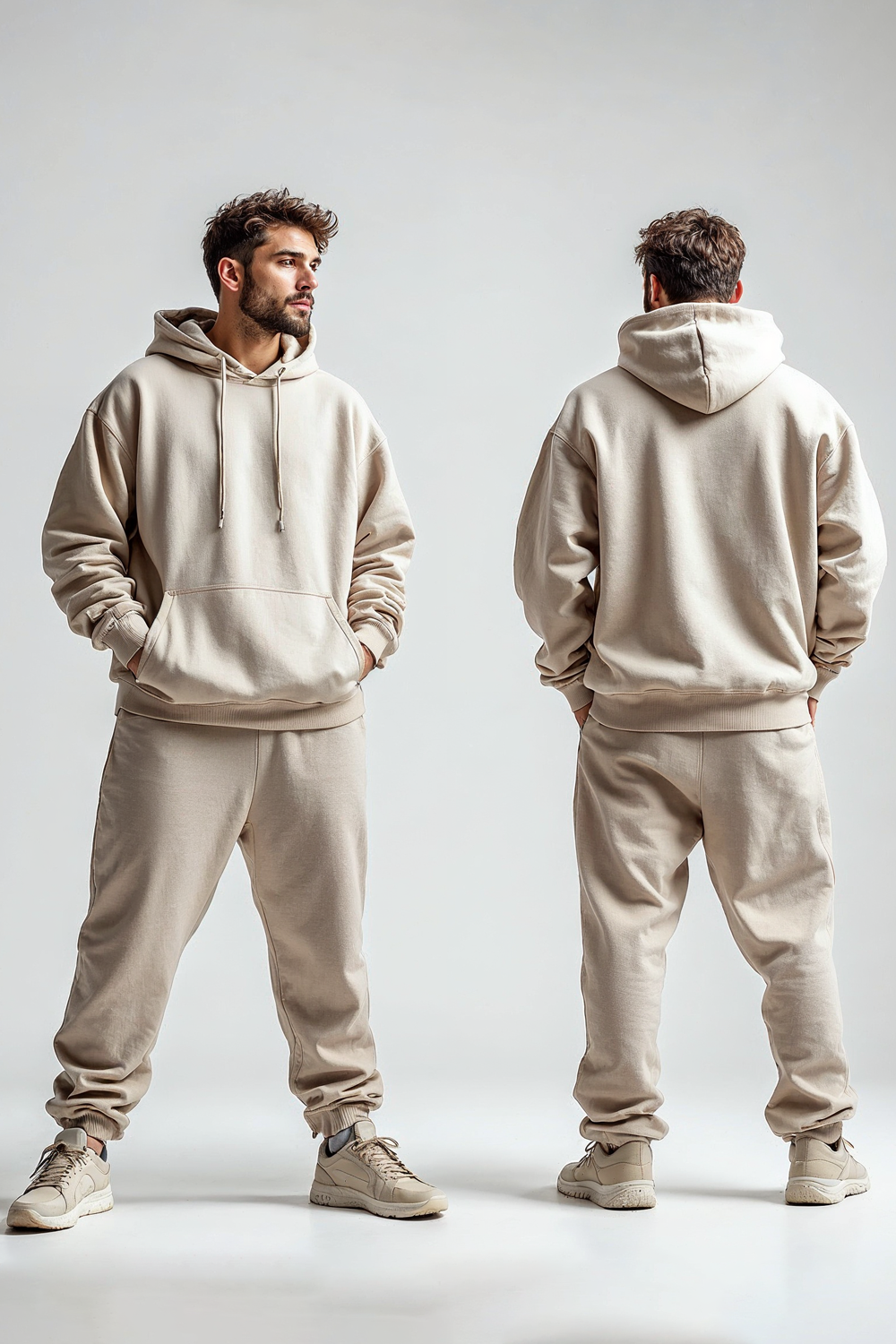 Erkek Düz Bej Hoodie