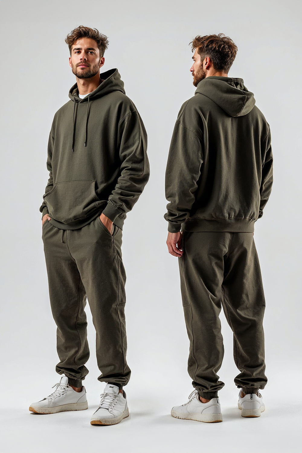 Erkek Düz Haki Hoodie